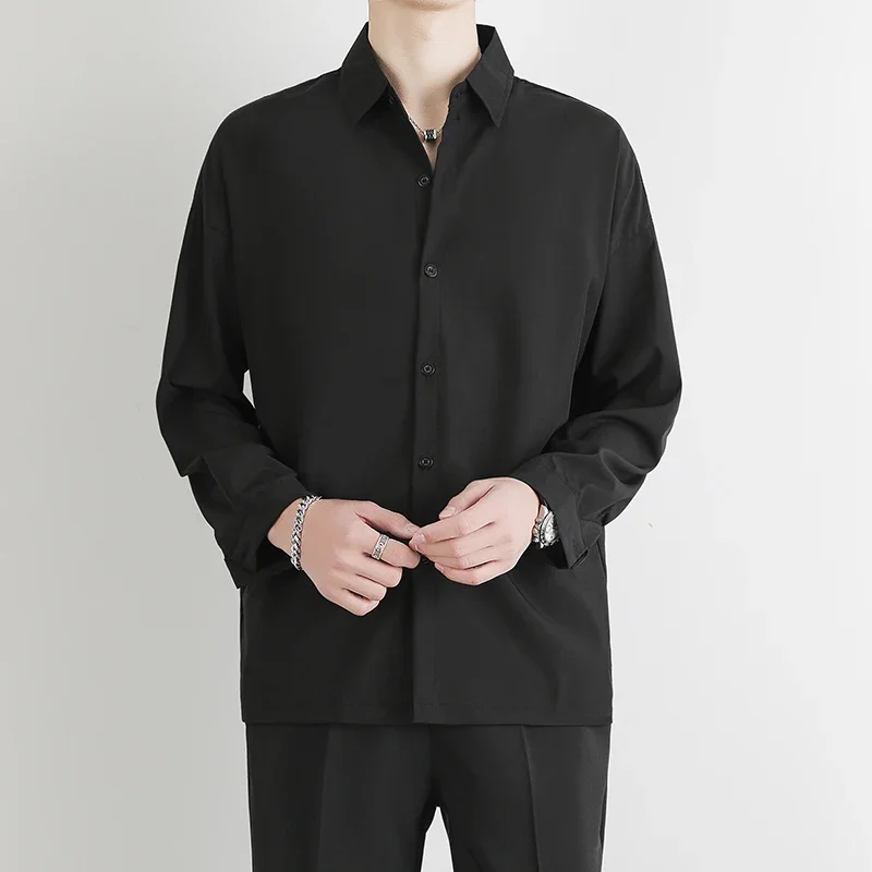 남성용 긴팔 셔츠, 캐주얼 루즈 원피스 셔츠, 단색 남성 정장 셔츠, 용수철 가을 한국 패션, 싱글 브레스트 상의