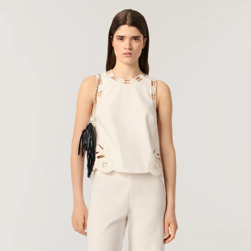 

MaSandeM Spring Summer New Women's Casual Hollow Pattern round Ne Svel Top Faionable Breathable ort Straight Cut