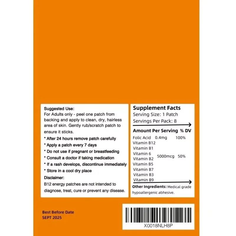 Vitamin B Complex Transdermal Patches B1, B2, B3, B5, B6, B12, D-Biotin & Probiotics, Support Cellular Energy