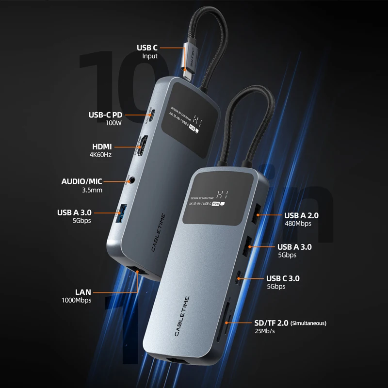 CABLETIME 10 in 1 USB C HUB 4K HDMI Displayport HDMI RJ45 1000Mbps USB 10Gbps PD100W SD&TF Dock Adapter for Dell HP MacBook ASUS