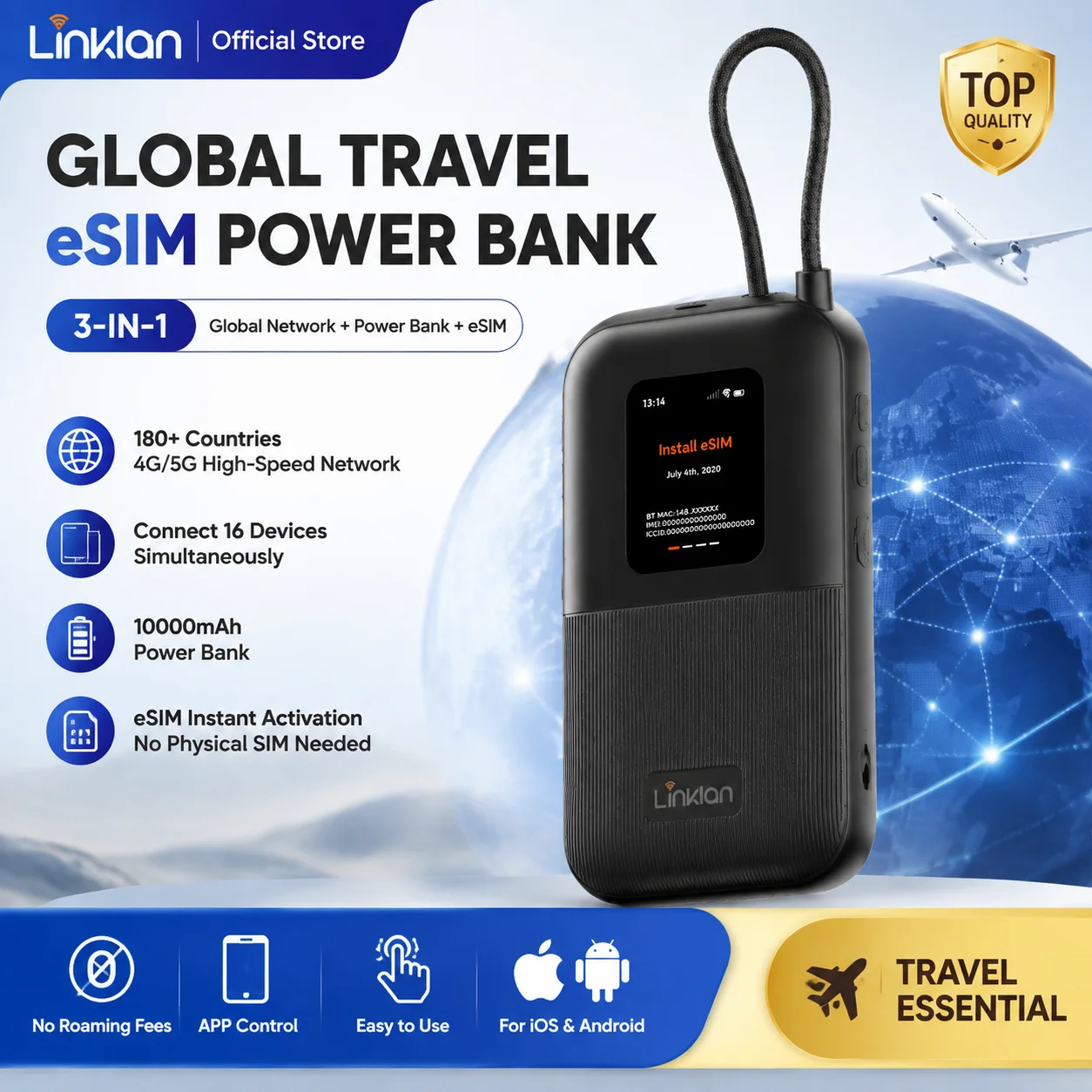 Linklan LA8 Premium Portable WiFi Hotspot Global ESIM Dual SIM Wireless Router with Physical SIM And Global Roaming
