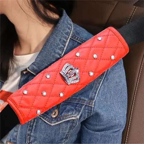 

Dotesy 16-Piece Bling Car Decor Set – Red Crystal Steering Wheel Cover & Seatbelt Pads for Women