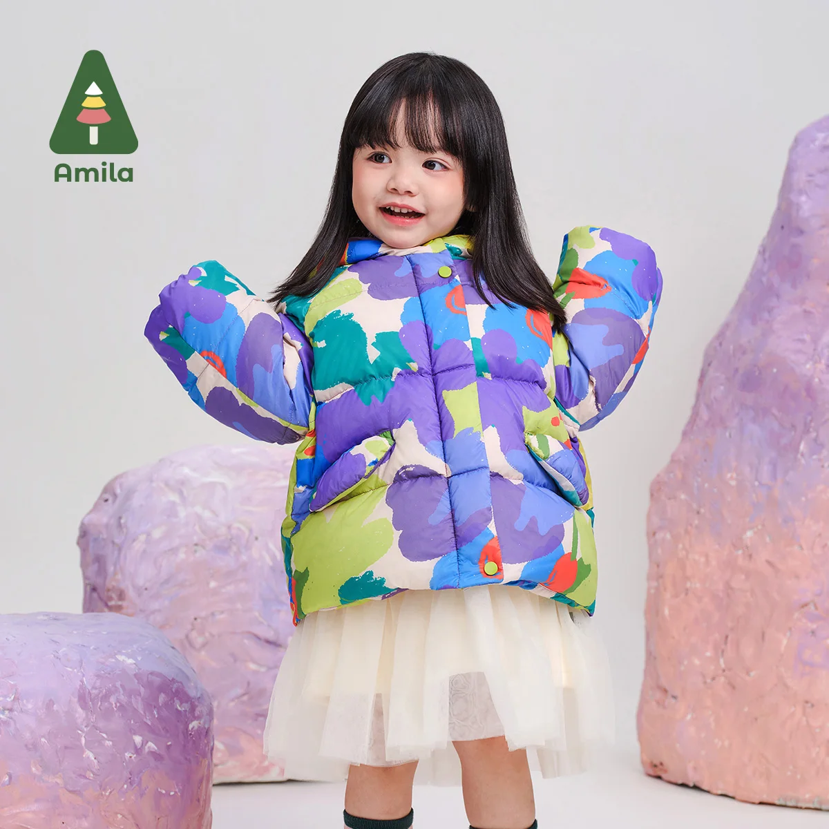 Amila Baby Down Jacket 2024 Winter New High Quality Girls Hooded Graffiti White Duck Down Warm Loose Casual Children‘s Jacket