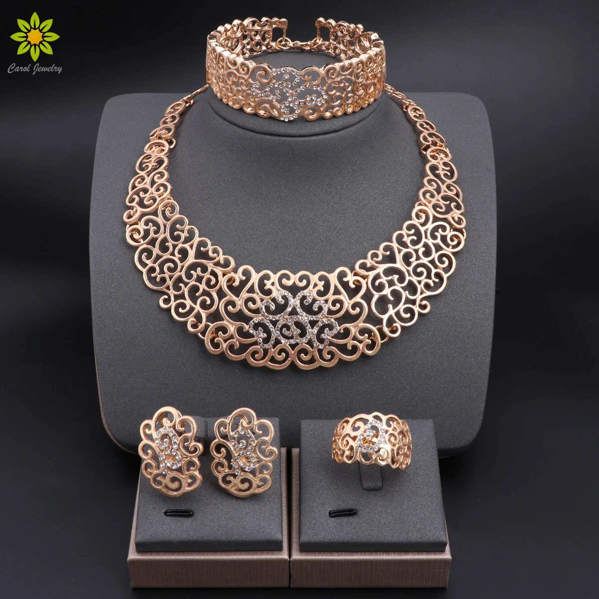 Italian Jewelry Set Dubai Gold Color High Quality Ladies Hollow Necklace Earrings Bracelet Rings Banquet Wedding Jewelry