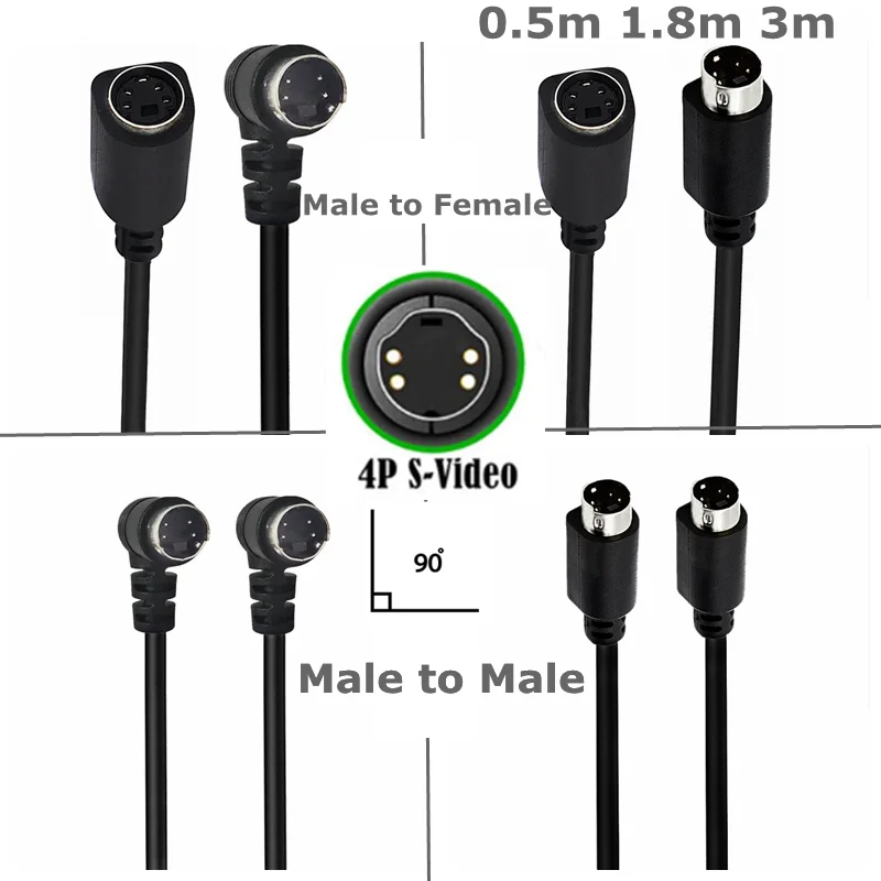 

90 Degree Angle Mini Din 4-Pin S Video Male Female Connector for Player Camcorders Laptops Transfer Video to TV or Monitor Cable