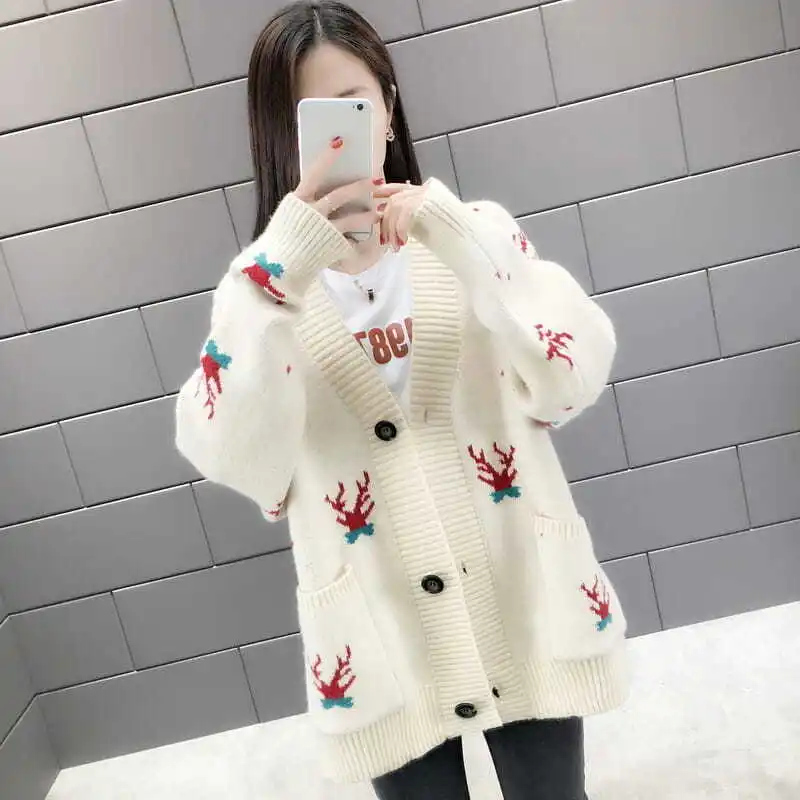 

Autumn/Winter New Large Sweater Coat Medium Length Jacquard Knitted Cardigan Christmas Costume Little Deer Knitted Cardigan