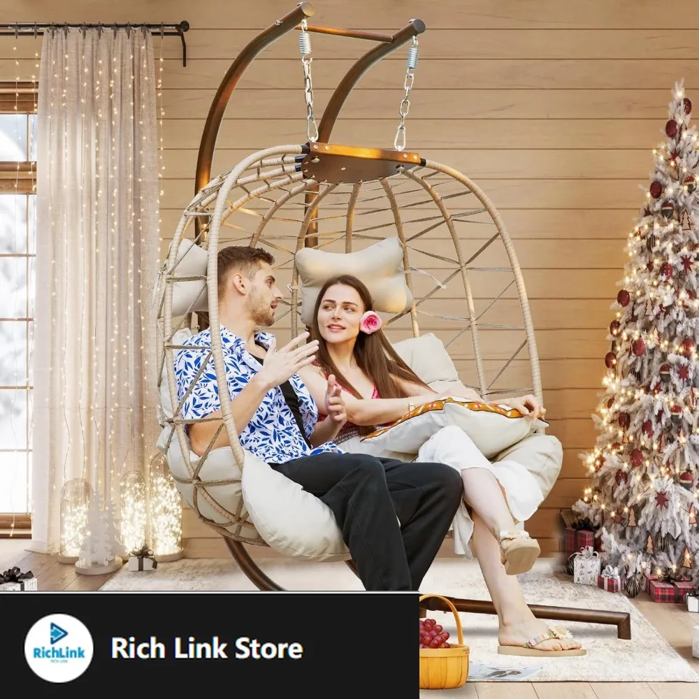 

Double Swing Egg Chair with Stand, Extra Large 2 Person Indoor Outdoor Wicker Loveseat, Oversized Patio Hanging Basket Chair wi