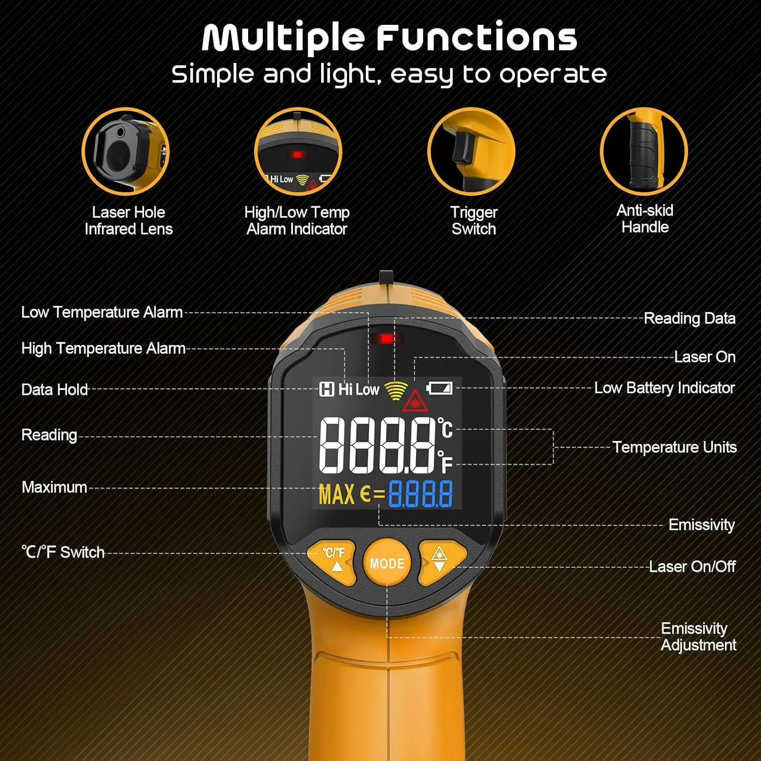 

SQECH SIT600 Digital Infrared Thermometer-58℉～1112℉ Temperature Meter Non-contact Pyrometer Tester IR Hygrometer Industrial Tool