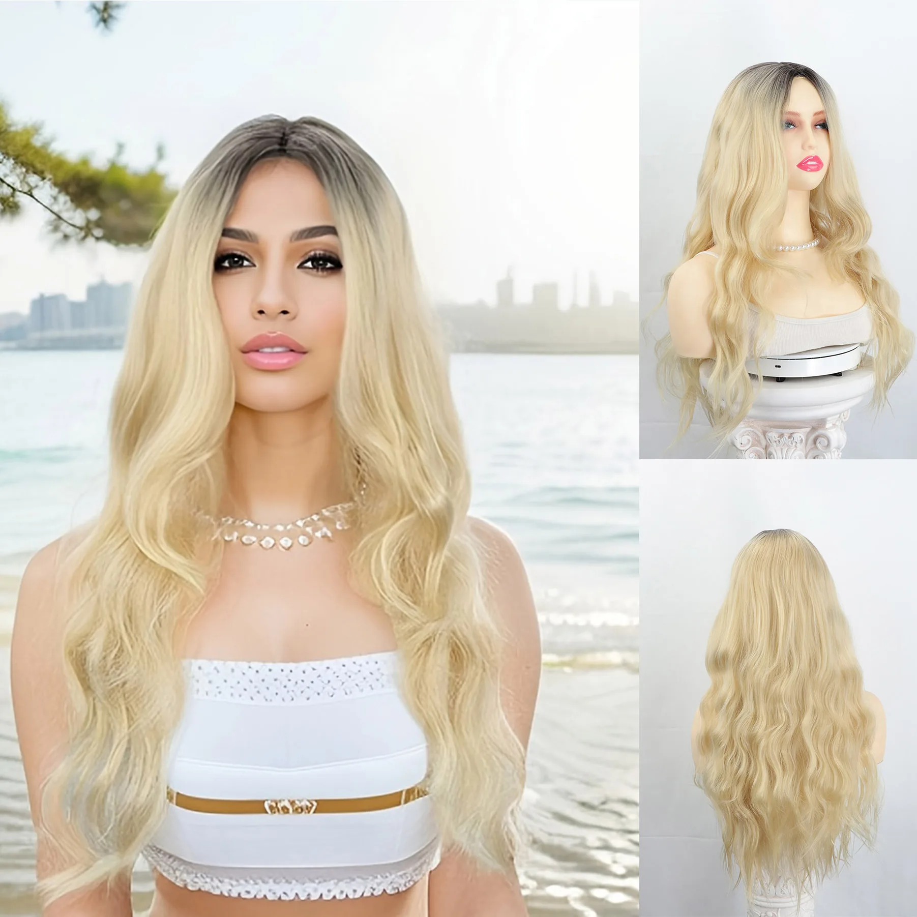 

Hot-selling wigs, European and American fashion women's gradual change of blond long curly hair mechanism chemical fiber headgea