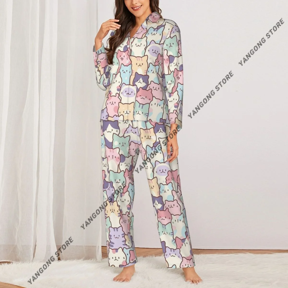 Women Sleepwear Pajamas Cute Cats Long Sleeve Pijama Female Set Negligee Cardigan Suit