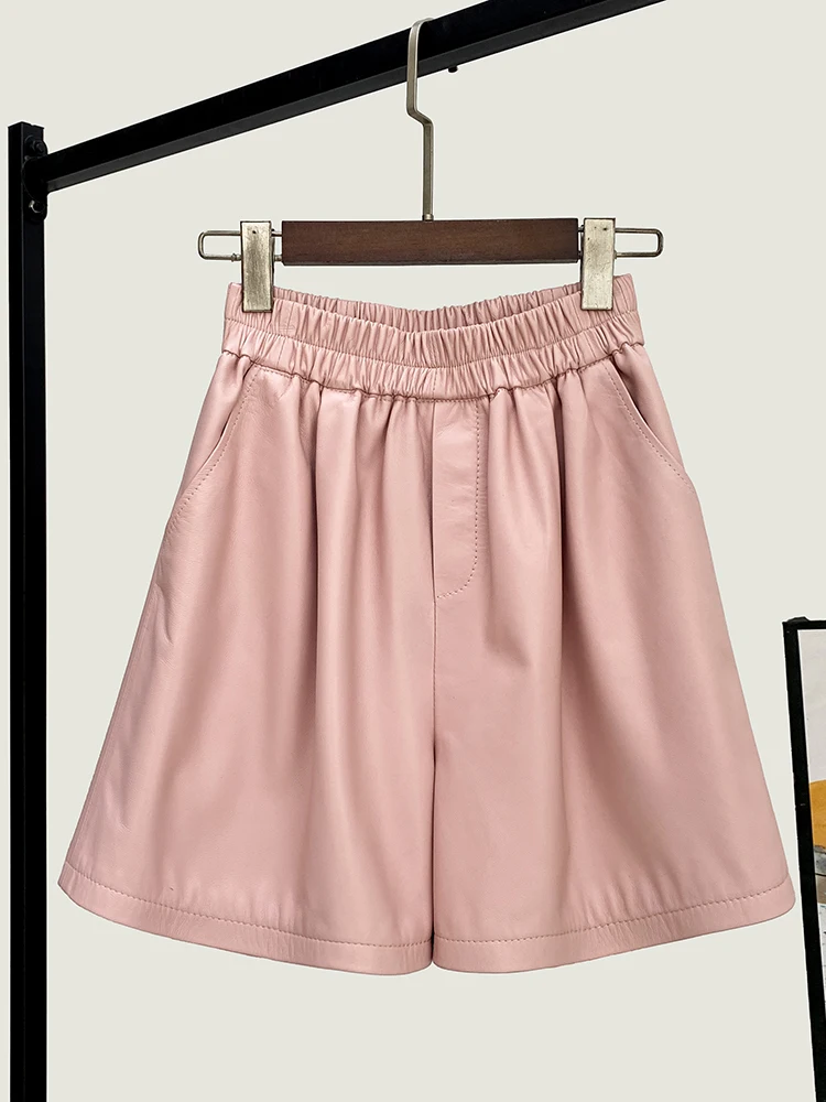 

Spring New High Quality Genuine Real Leather Pants Women's Loose Wide-Leg Fashionable All-Match Waist Sheepskin Shorts
