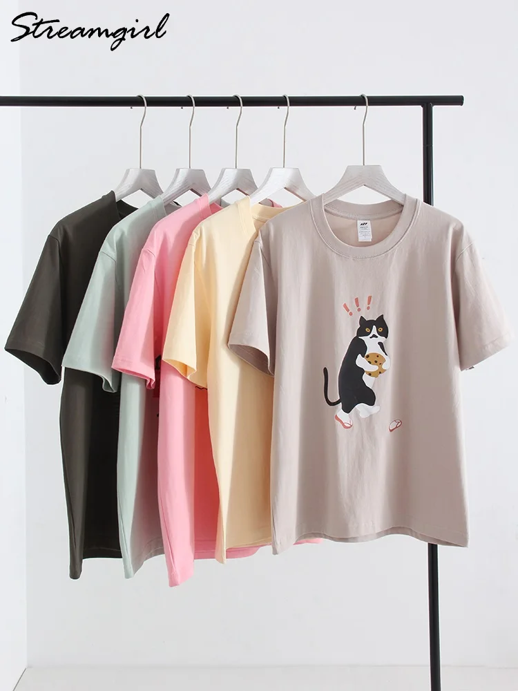 Streamgirl Cotton Graphic T Shirts Women Summer 2024 Cats Print Short Sleeve Loose Pink Tops Basic T-shirts Women Top Tees