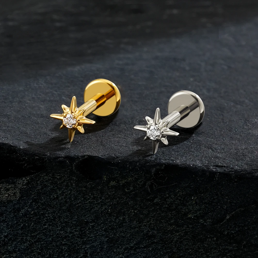 Right Grand ASTM F136 Titanium CZ North Star Flat Back Earring 16G Tiny Starburst Helix Cartilage Stud Dainty Earlobe Mesusa Labret Lip Stud Piercing Jewelry
