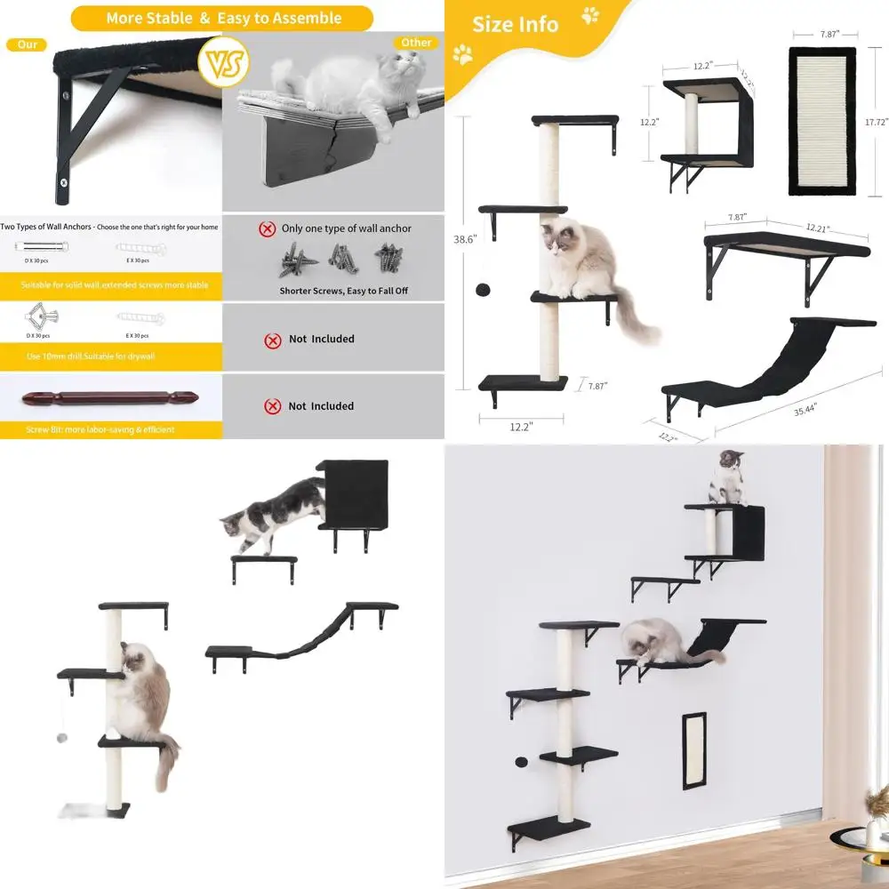 

5-Piece Black Wooden Cat Wall Climbing System: House, Bridge, Tree, Steps, Scratcher