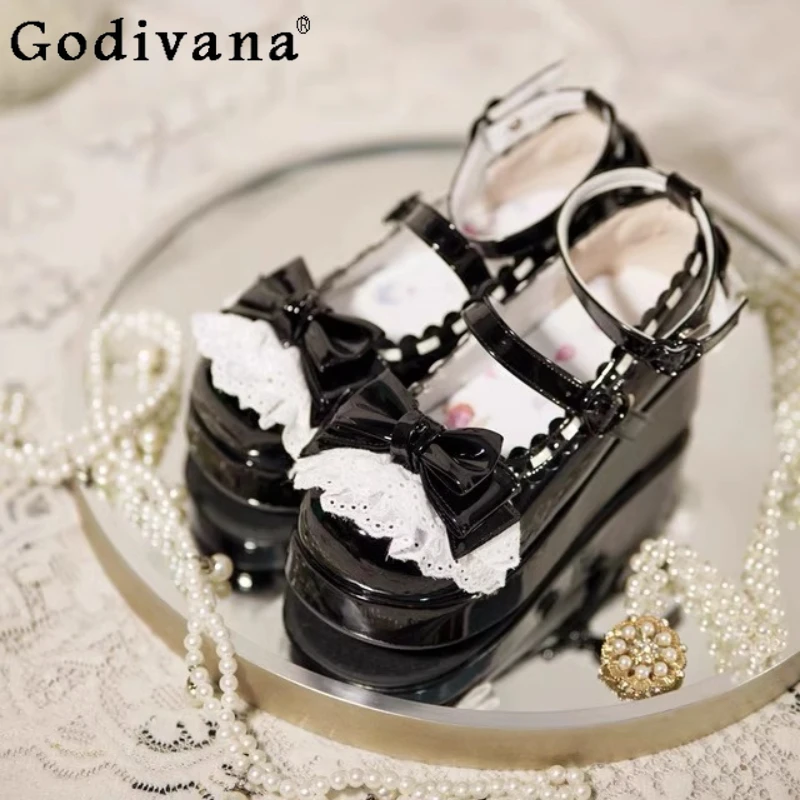 لوليتا مقوس دانتيل سميكة سوليد أحذية منصة للنساء اليابانية الحلو لوليتا JK ماري جين أحذية الفتيات الصيف الحلو لطيف الأحذية