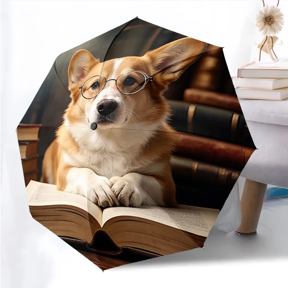 1PC Smart Corgi Under Umbrella Print 8 Iron Ribs Folding Umbrella Auto-Open Fashion Sunshade