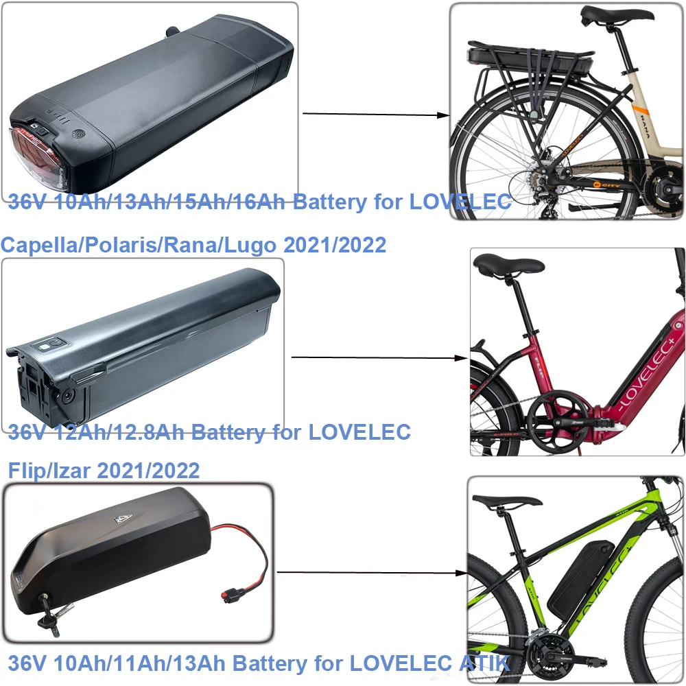 Li-ion Ebike Battery 36V 10Ah 12Ah 12.8Ah 13Ah 15Ah 16Ah LOVELEC Capella Polaris Rana Lugo ATIK Flip Izar Electric Bike Battery