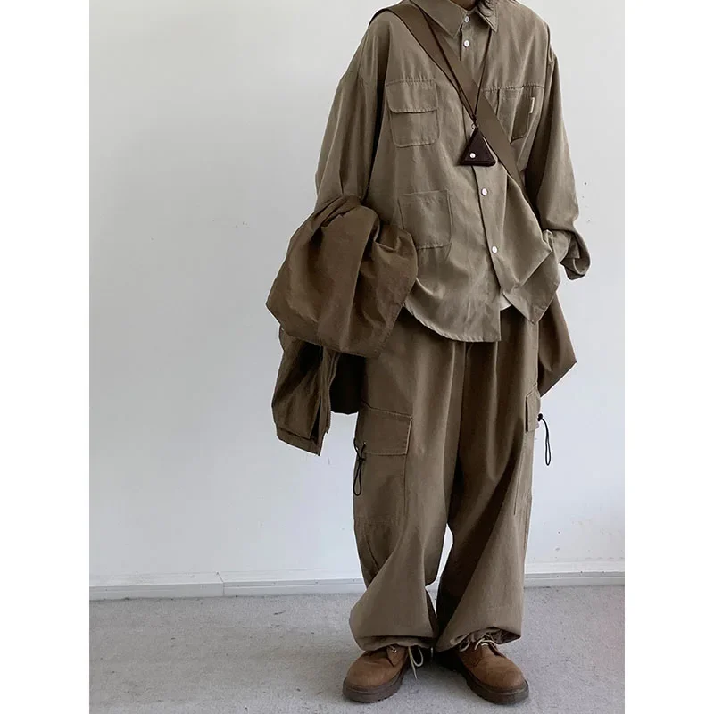 Japanese Street Set Men Women Vintage Multi-pocket Suede Baggy Shirt+Casual Straight-leg Wide-leg Cargo Pant Unisex Simple Suit