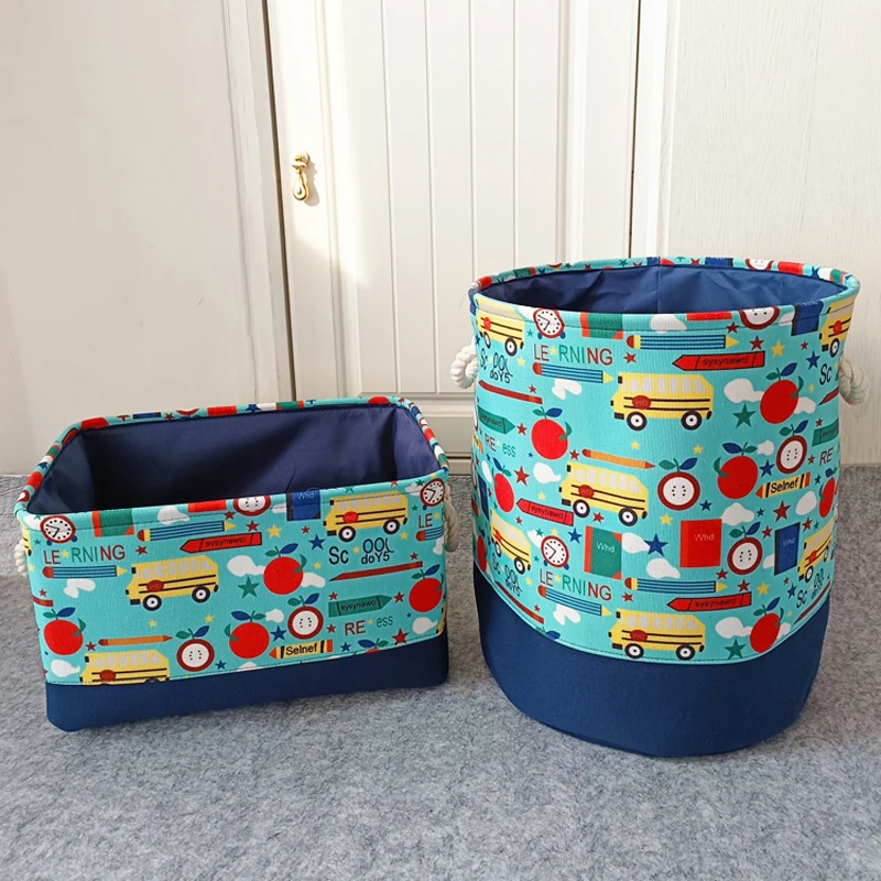 Foldable Laundry Basket Thickened Canvas Cartoon Car Nursery Hamper with Handle Waterproof Toys Storage Basket for Kids Room