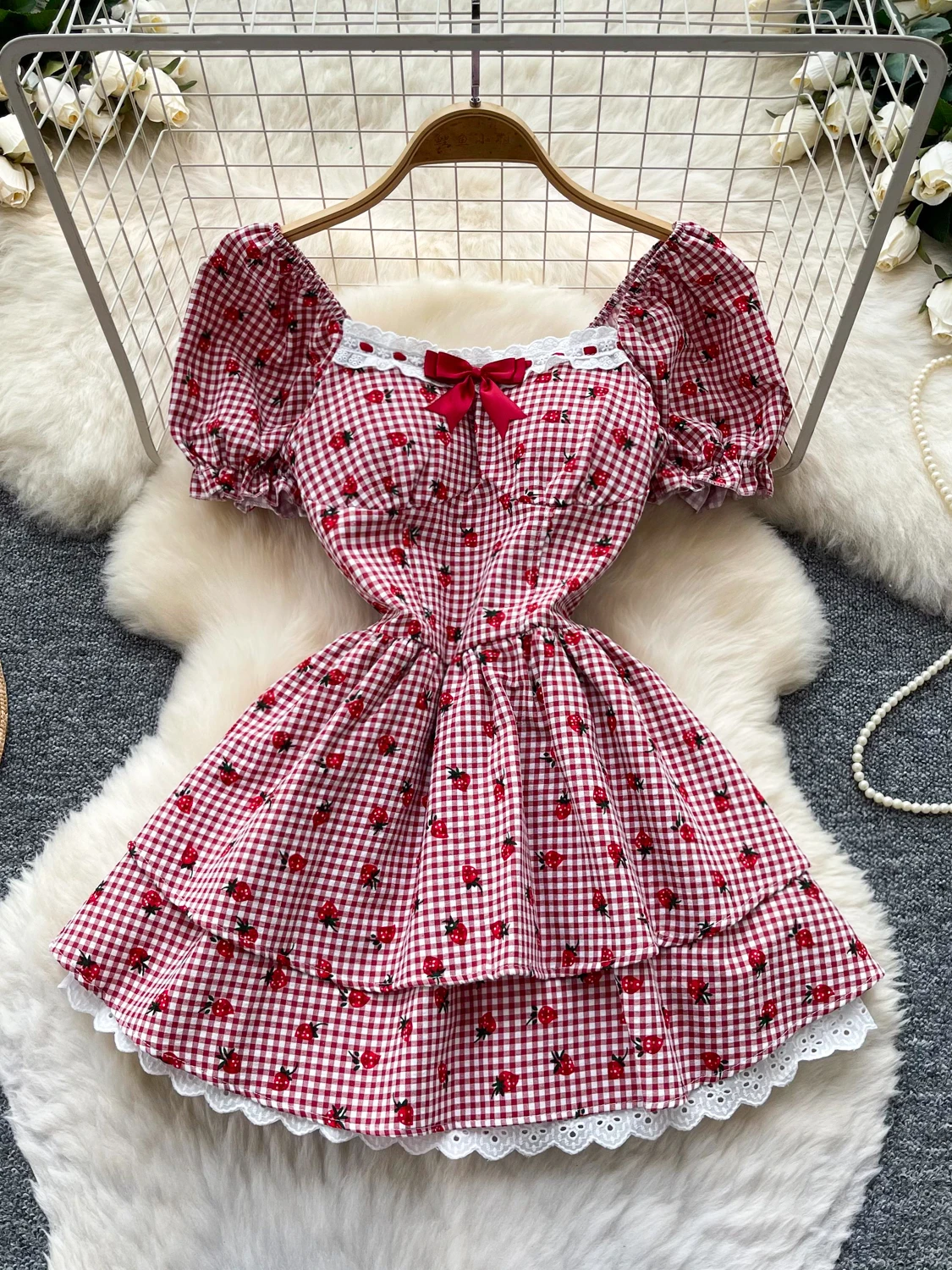 Vestido de verano para mujer, rojo fresa a cuadros, con mangas abullonadas, estilo dulce y picante, con cintura ajustada, tal...