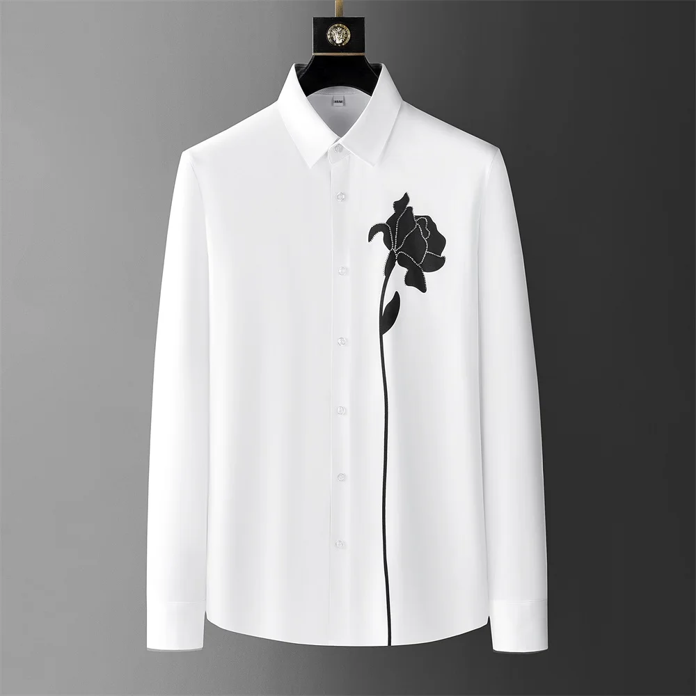 2025 Summer Luxury Rhinestone Flower Shirt Men Long Sleeve Casual Business Dress Shirts Social Banquet Party Formal Men Clothing