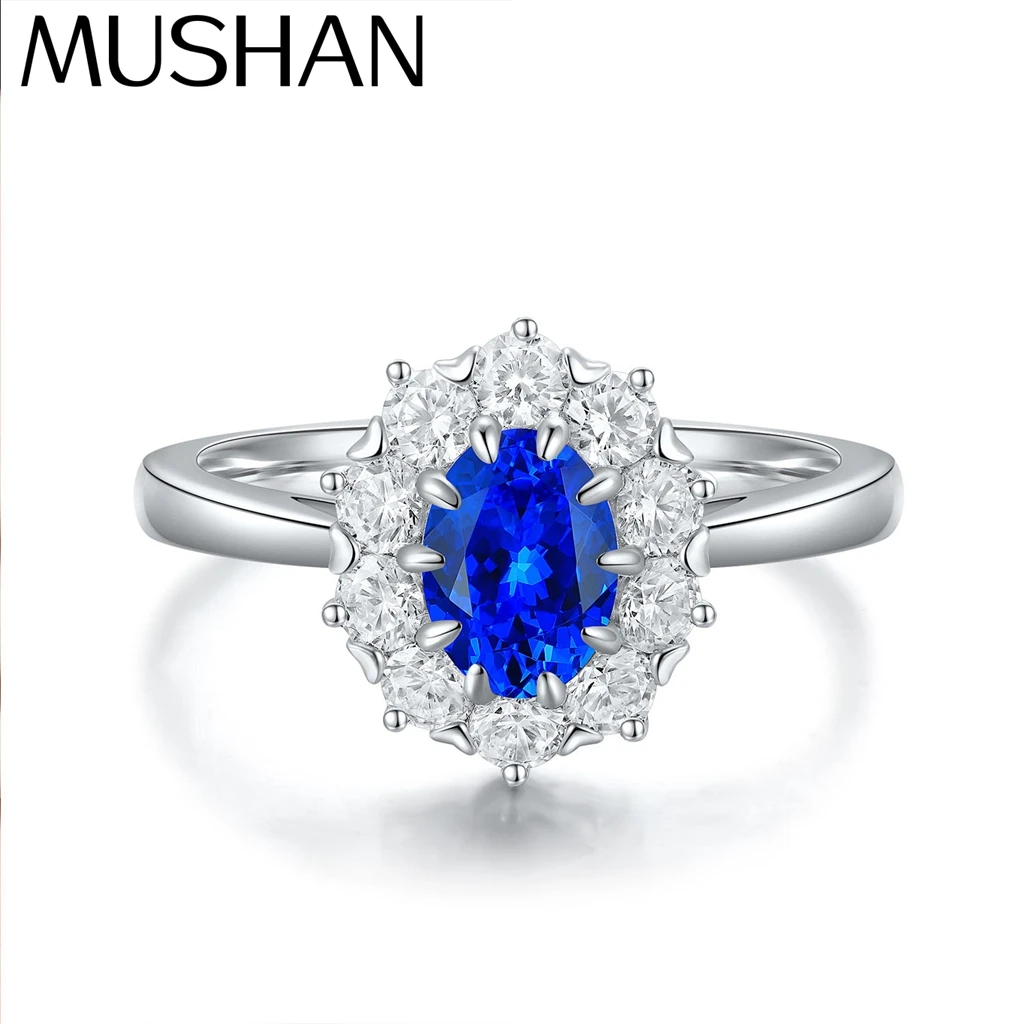 

MUSHAN Custom Jewelry 925 Sterling Silver Ring Lab Blue Ruby Round Bridal Ring for Women 18K Gold Plated Anniversary Rings