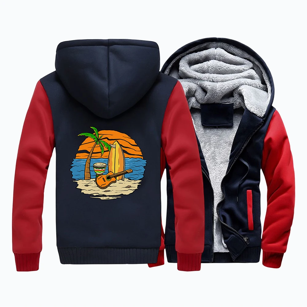 

Guitar And Surfing Board Printed Male Raglan Sleeve Thick Coats Autumn Winter Pocket Zipper Long Sleeves Creativity Mens Jackets