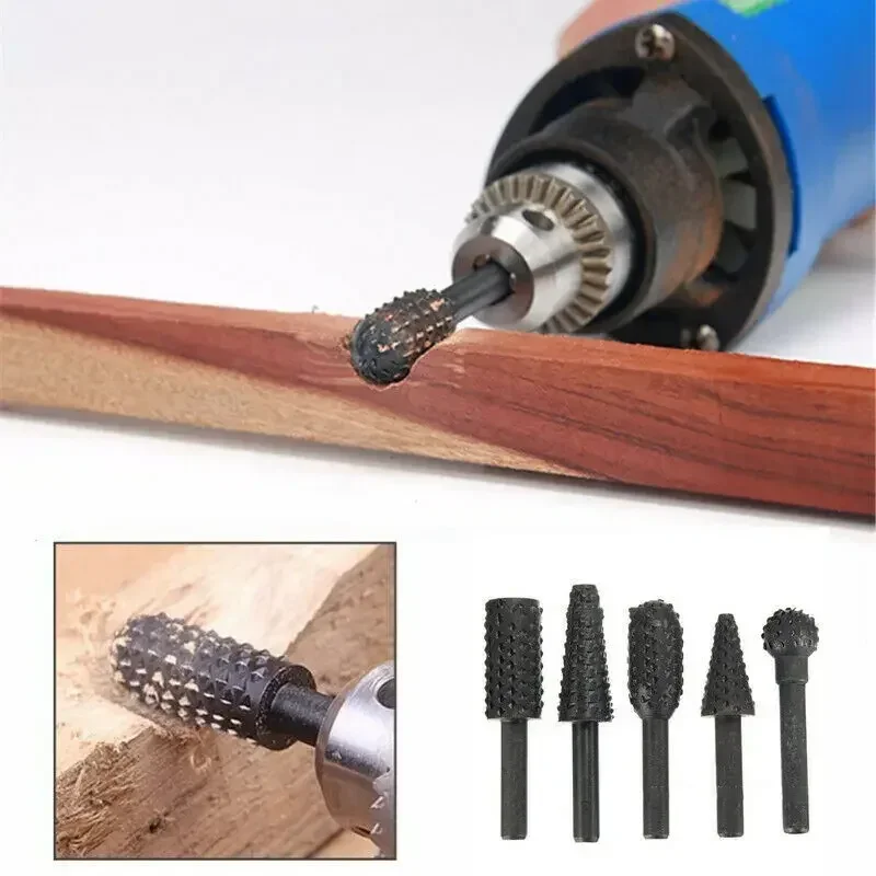 5 stks Rasp Bestand Boren Rasp Set Boor Grinder Boor Rasp Voor Houtbewerking Carving Tool 1/4 "Ronde Schacht Rotary Burr Set