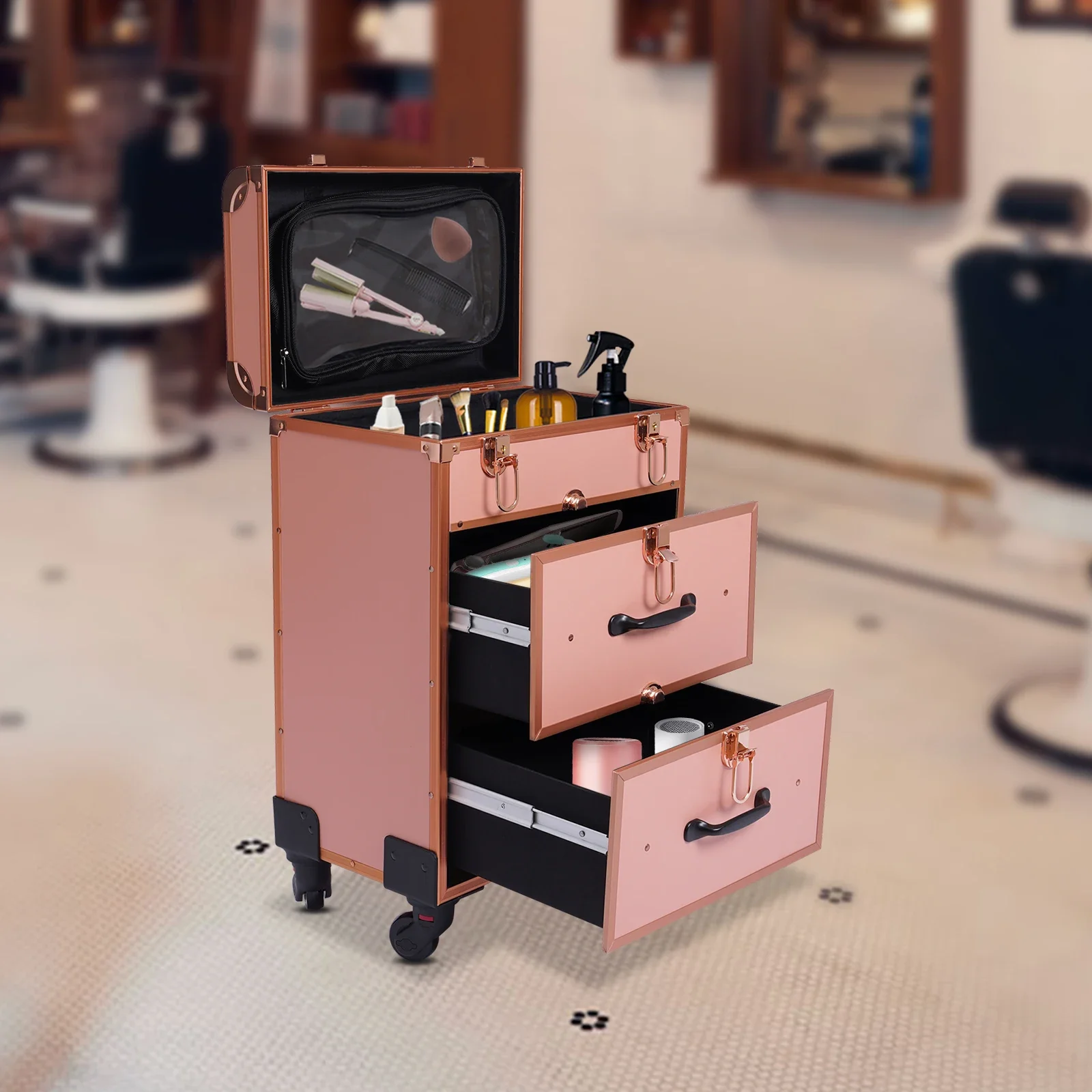 

Travel Portable Beauty Luggage Trolley, Lockable W/ 360° Universal Wheel, Professional Rolling Makeup Train Case Makeup Artists