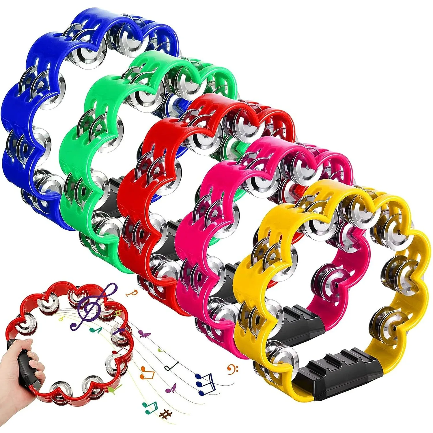 Color Plastic Double-layer Tambourine Half Moon Shaped Hand Bell Drum for Karaoke Performance Party Free Style Dance Portable