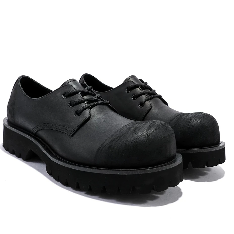 America Destroying Wind Black Big Head Derby Shoes Men's Dress Shoes Casual Leather Retro Tooling Thick Soled Heightening Shoes