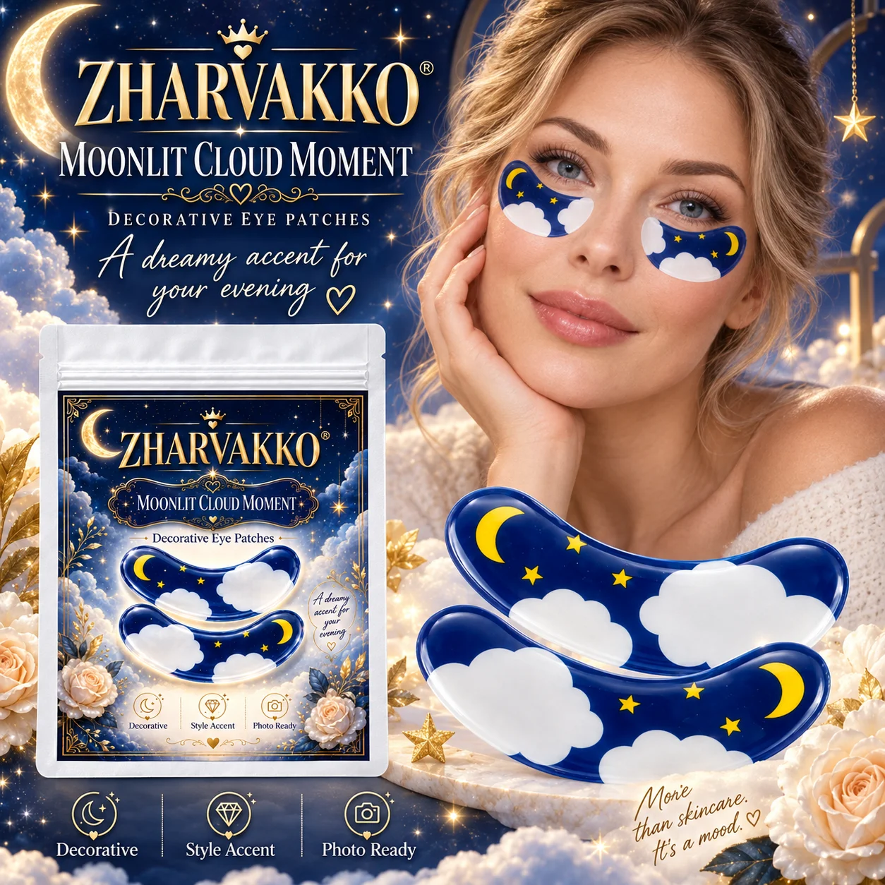 4/8pcs Moonlit Cloud Decorative Eye Patches, Glossy Crescent Moon & Star Design, Celestial Style for Night Photos & Parties