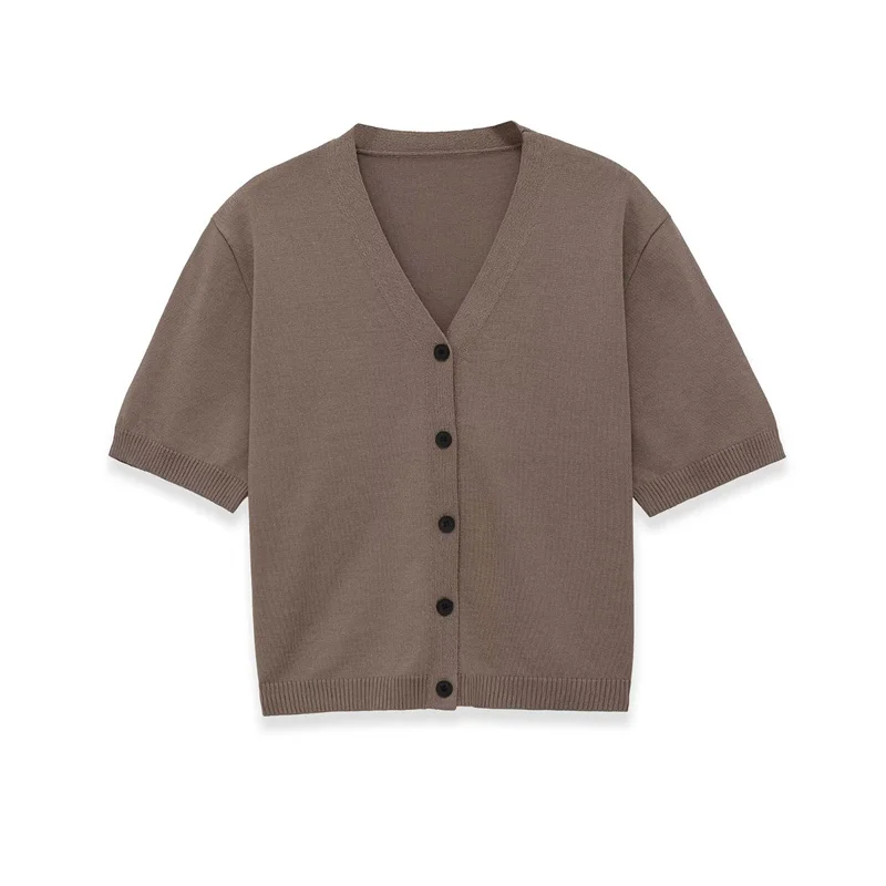 

Summer Women's V-neck Short Sleeved Casual Knitted Cardigan Tops 2026 New Fashion Sweater Top Elegant Women's Clothing