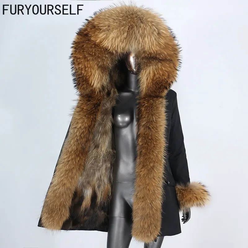 FURYOURSELF-Parka impermeável para mulheres, casaco de pele real, capuz destacável, raposa guaxinim natural, jaqueta longa, casacos quentes, inverno, 2023