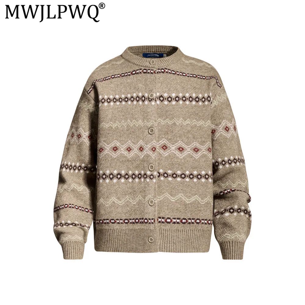 MWJLPWQ Pattern Striped Round-Neck Knitted Cardigan Men's Sweater Long-Sleeve Loose Casual Spring Autumn Tops Trendy Vibe 20809
