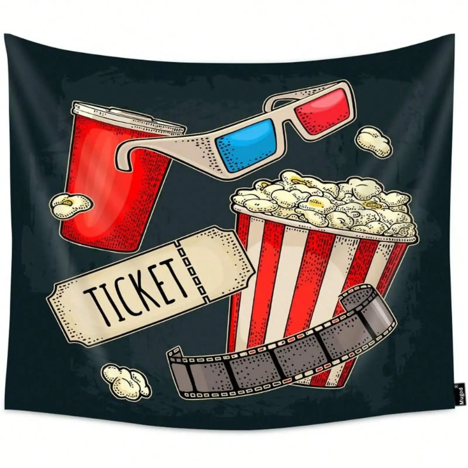 Cinema Theme Wall Tapestry -Vintage Movie Night Decor 3D Glasses Popcorn Ticket Print Retro Film Fan Room Hanging Multiple Sizes