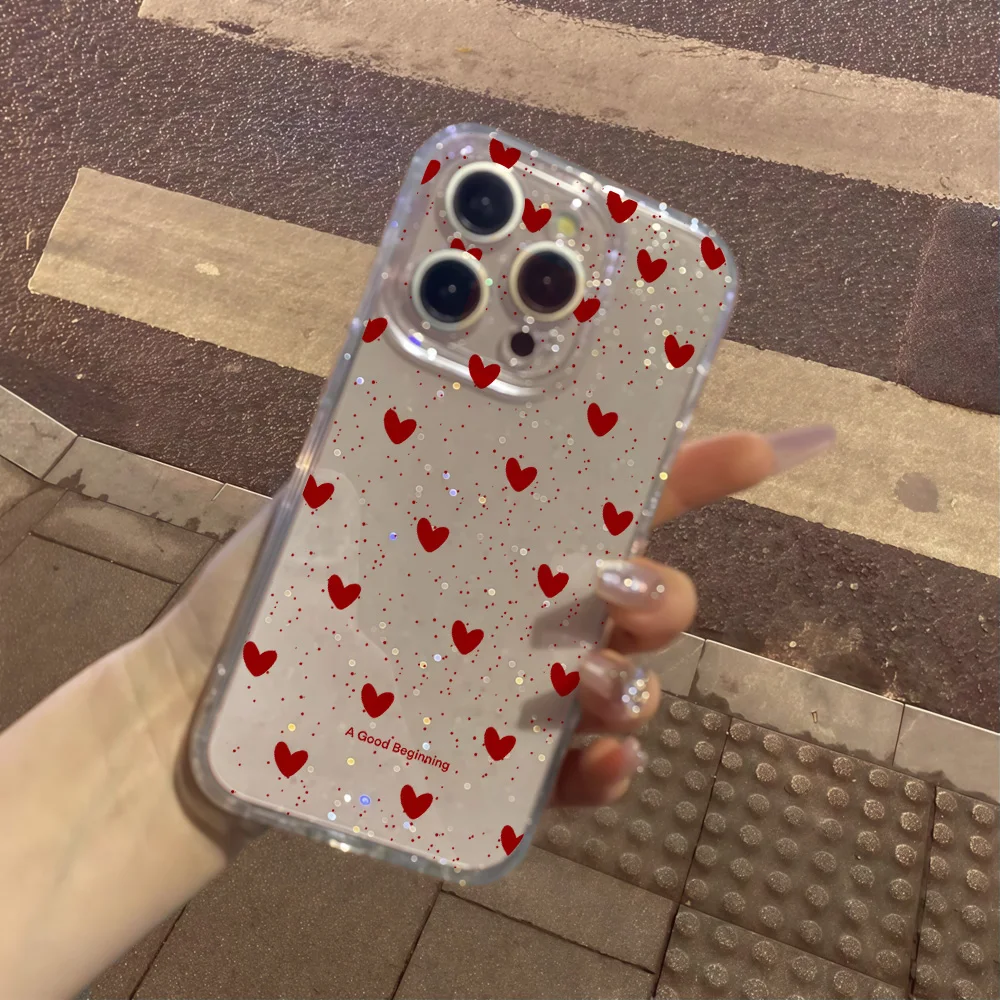Pink Love Heart Clear Glitter Phone Case For iPhone 17 13 16 15 11 12 14 Pro Max 17 Air XR X 16e Case Soft TPU Shockproof Cover view 3