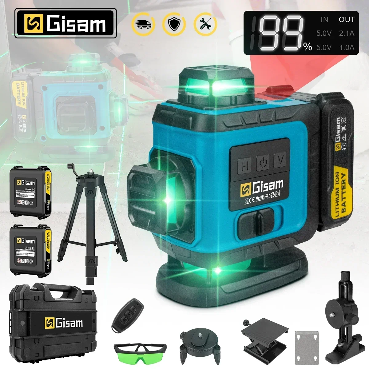 Gisam 4D 16 Lines Green Line Laser Level APP Remote Control Horizontal Vertical Measuring Laser Instrument Inclined Laser Level