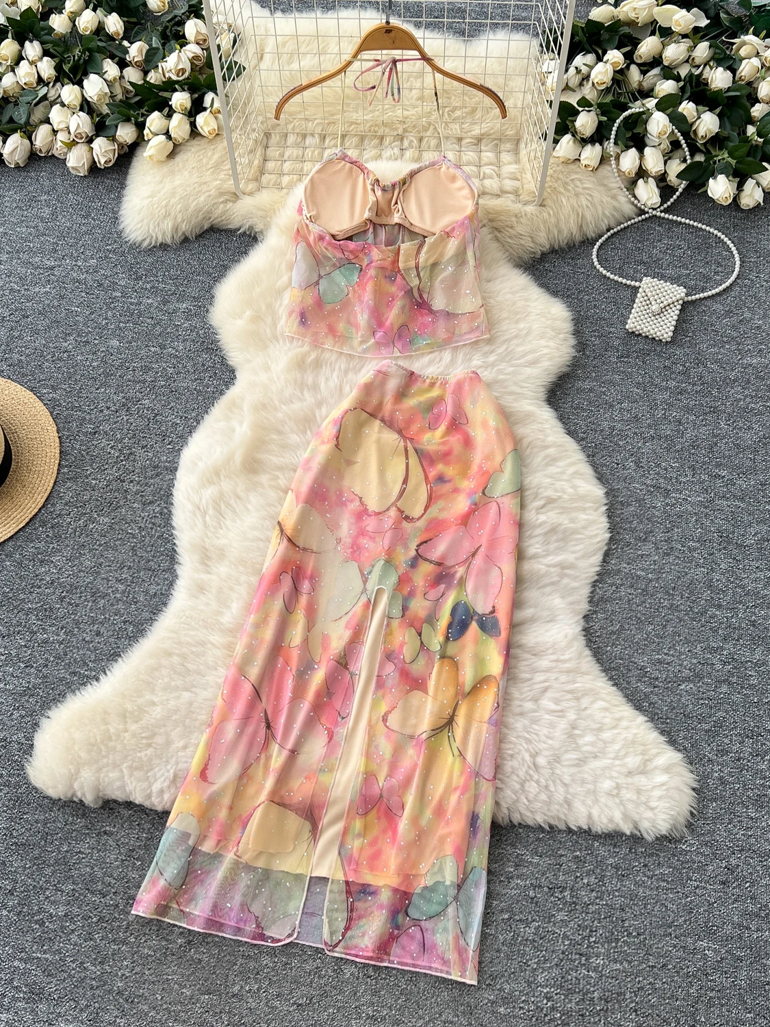 Setelan Pantai Motif Ombre Wanita Musim Panas Ter Ne Tube Top + Rok Panjang Pelangsing Pinggang Tinggi Dua Potong
