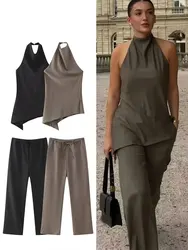 2025 New Fashion Female Long Pant Sets Backless Sexy Halter Camis Top + Elastic Waist Woman Straight Wide Leg Trousers