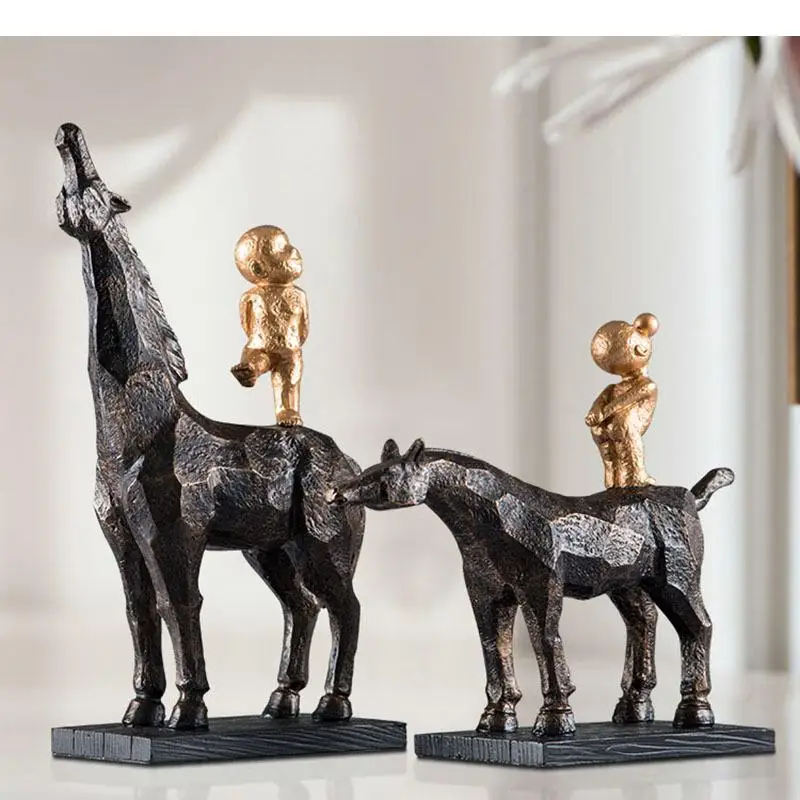 Boy Rider Black Horse Statue Desk Decoration Ornaments Abstract Figure Artwork Character Resins Crafts Sculpture Furnishings