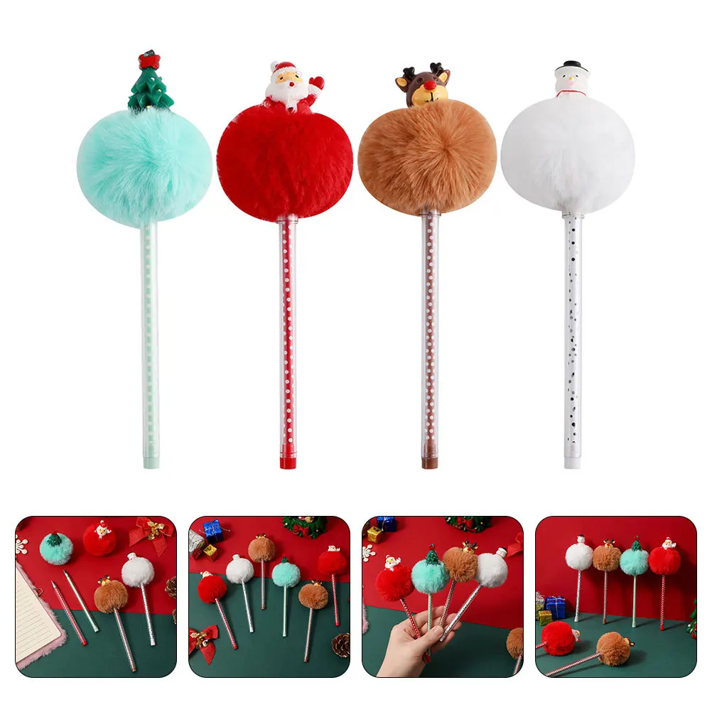 

4pcs Christmas Pom Pom Gel Pen Multipurpose Writing Pens For Students Office School Supplies Signature Pens Student Stationery