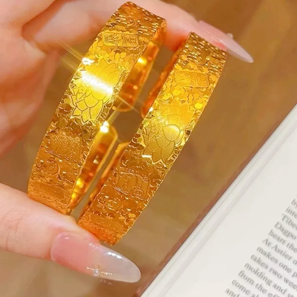 AU999 Wide Face Auspicious Words Ice-Crack Open Bangle Women's 24K Gold - Anti-deform gold, durable, words carry blessings