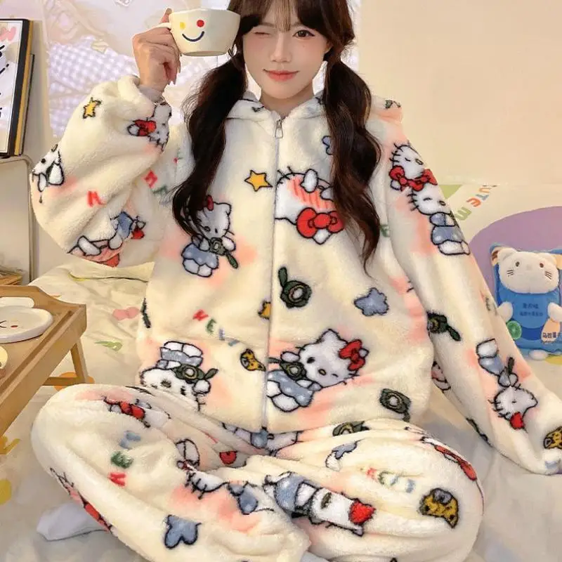 Sanrio Girl Coral Fleece Winter Hooded Thickening Pajama Set Kawaii Hello Kitty Student Keep Warm Zipper Go Out Leisure Wear New