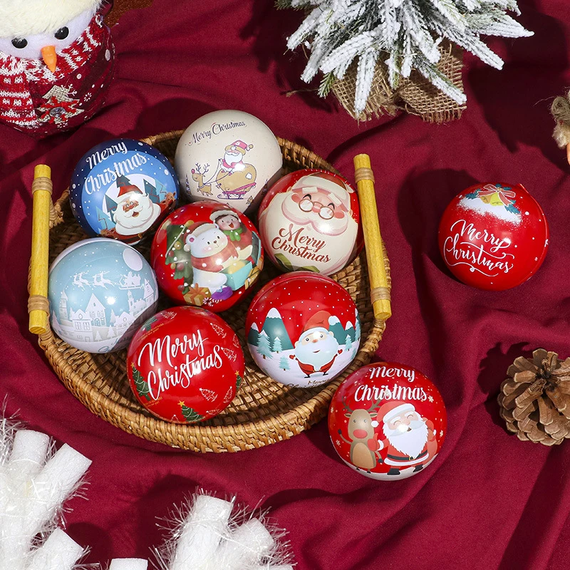 1pc Merry Christmas Round Empty Case Santa Printing Ball Shaped Small Tin Box Tea Storage Container Navidad Party Gift Candy Box