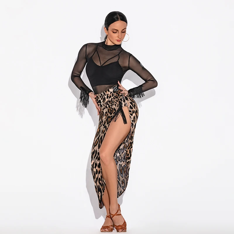 2025 メッシュトップス スプリットレオパードスカート 練習着 ラテンダンス パフォーマンスコスチューム 女性用 大人用 チャチャ ラテンドレス DQS21596