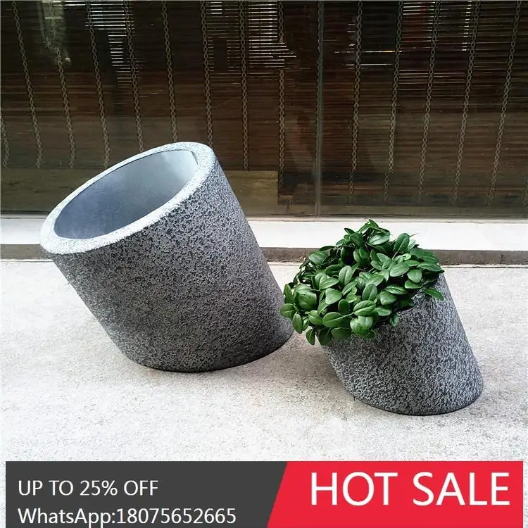 SGF Nordic Gray Stone Paint Slanted Bucket Shape Fiberglass Floor Flower Pot Landscape Ornament
