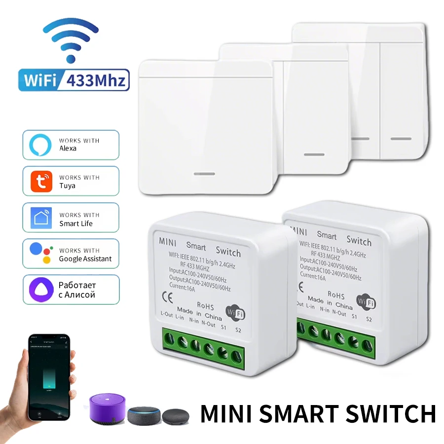 Interruptor Inteligente WiFi Tuya RF 433MHz, Interruptor de Painel Sem Fio, Receptor de Relé para Casa Inteligente, Funciona com o App Smart Life, Alexa e Google Home