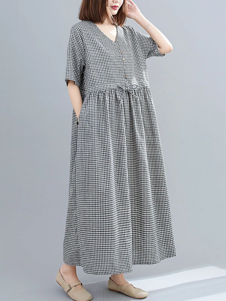 Korean sense Short Sleeve V-Neck Dresses Cotton Linen High Waist Women Summer 2024 New Clothing Medium And Long Plaid Dress
