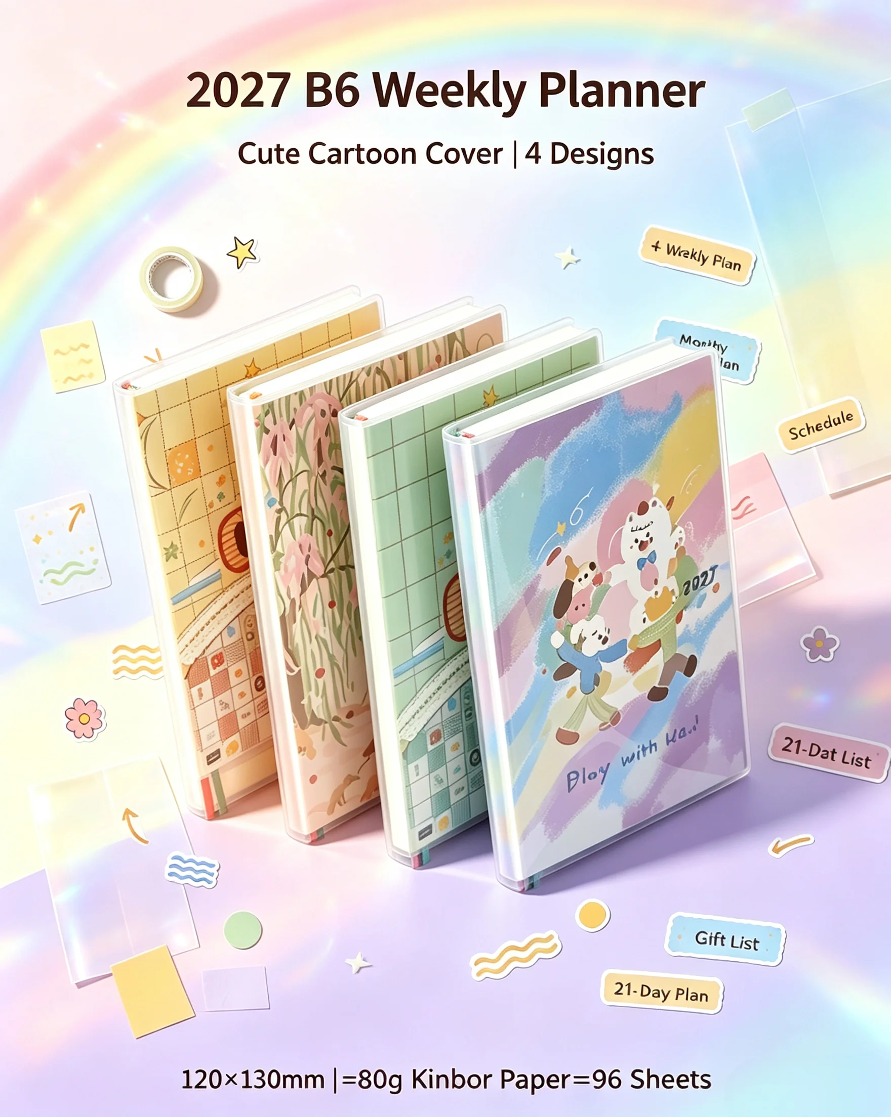 2027 Kinbor B6 Cute Cartoon Weekly Planner Notebook Full Functional Monthly Weekly Agenda Notebook 96 Pages for Time Management
